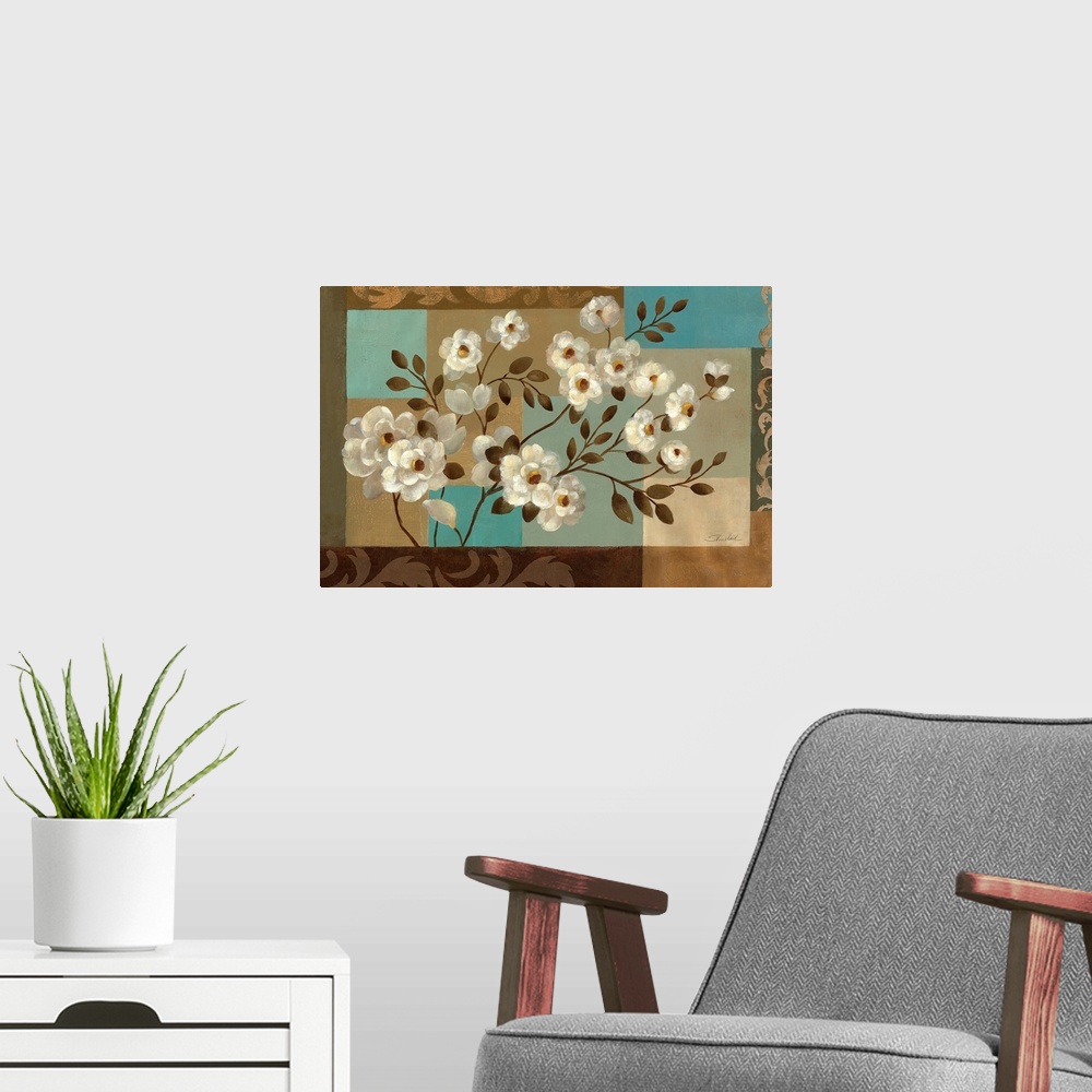 A modern room featuring Horizontal, large artwork for a living room or office.  A cluster of white flowers with leaves on...