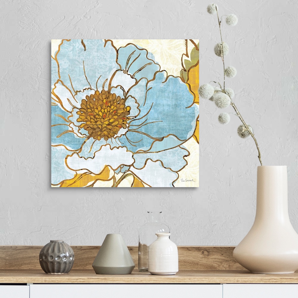 A farmhouse room featuring Contemporary painting of flowers close-up in the frame of the image.