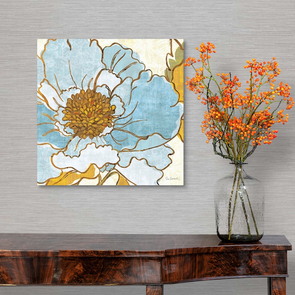 A traditional room featuring Contemporary painting of flowers close-up in the frame of the image.