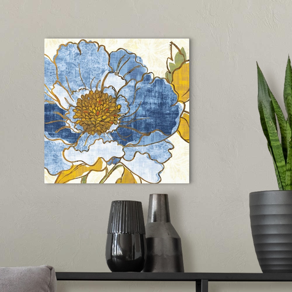 A modern room featuring Large decorative blue peony blooms with gold accents and a neutral floral backdrop.