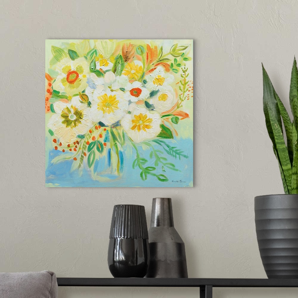 A modern room featuring Square painting of an abstract bouquet of flowers in a vase with bright yellow, orange, blue, and...