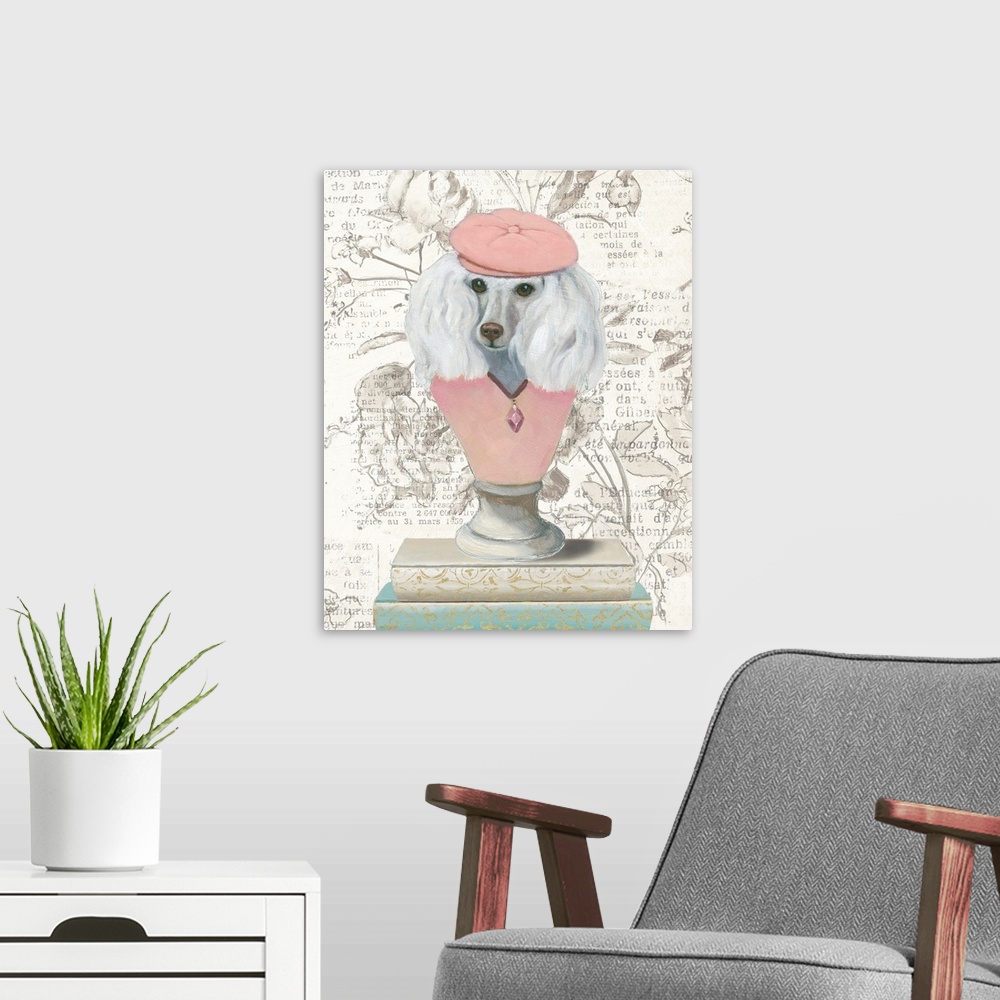 A modern room featuring Humorous artwork of a bust of a poodle wearing a pink hat and sweater sitting on a stack of books...