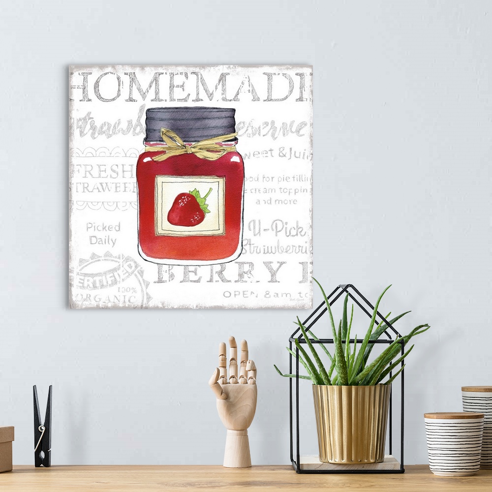 A bohemian room featuring Square kitchen decor with a watercolor illustration of a jar of strawberry jam and black typograp...