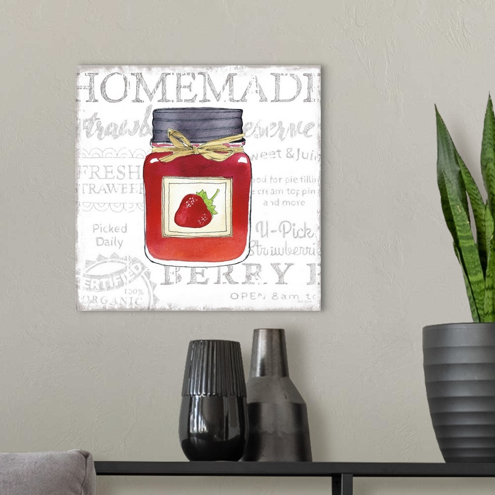 A modern room featuring Square kitchen decor with a watercolor illustration of a jar of strawberry jam and black typograp...