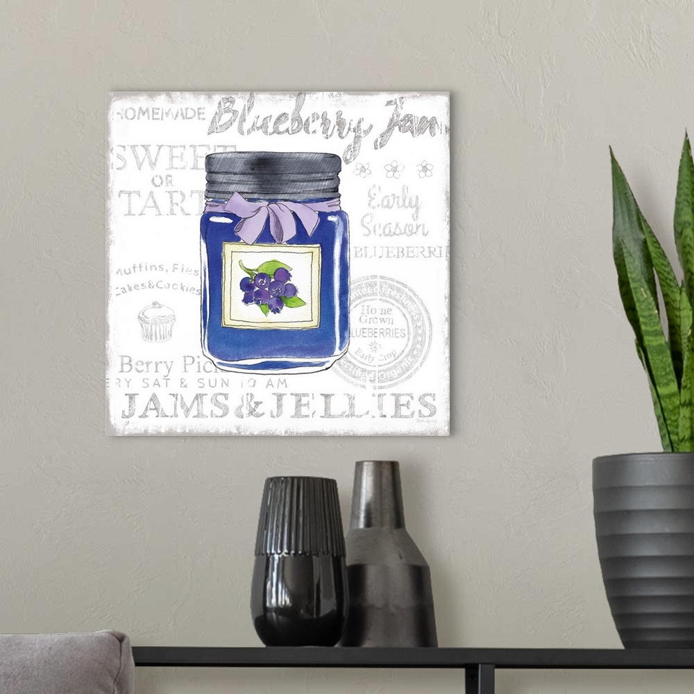 A modern room featuring Square kitchen decor with a watercolor illustration of a jar of blueberry jam and black typograph...