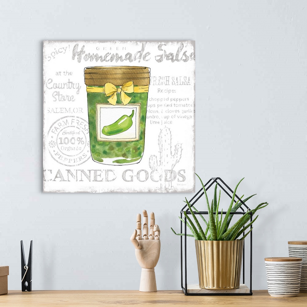 A bohemian room featuring Square kitchen decor with a watercolor illustration of a jar of salsa verde and black typography ...