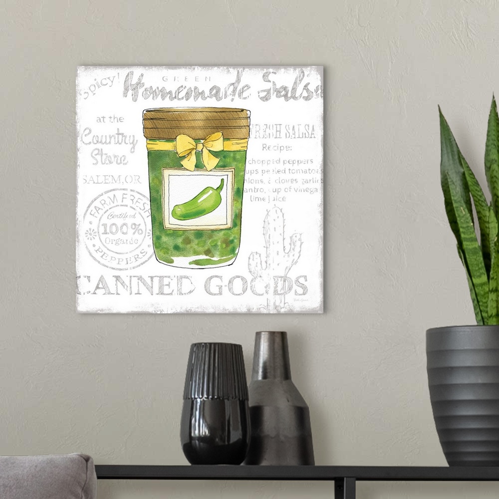 A modern room featuring Square kitchen decor with a watercolor illustration of a jar of salsa verde and black typography ...