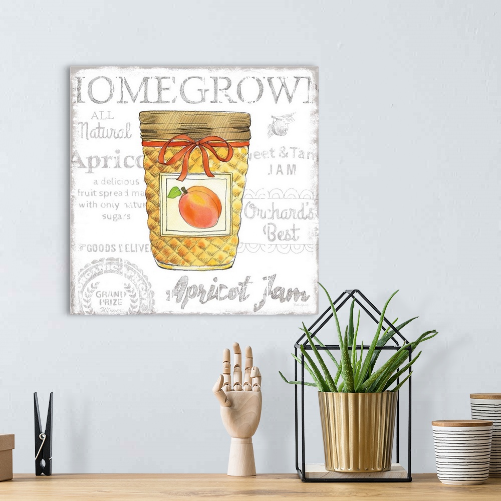 A bohemian room featuring Square kitchen decor with a watercolor illustration of a jar of apricot jam and black typography ...