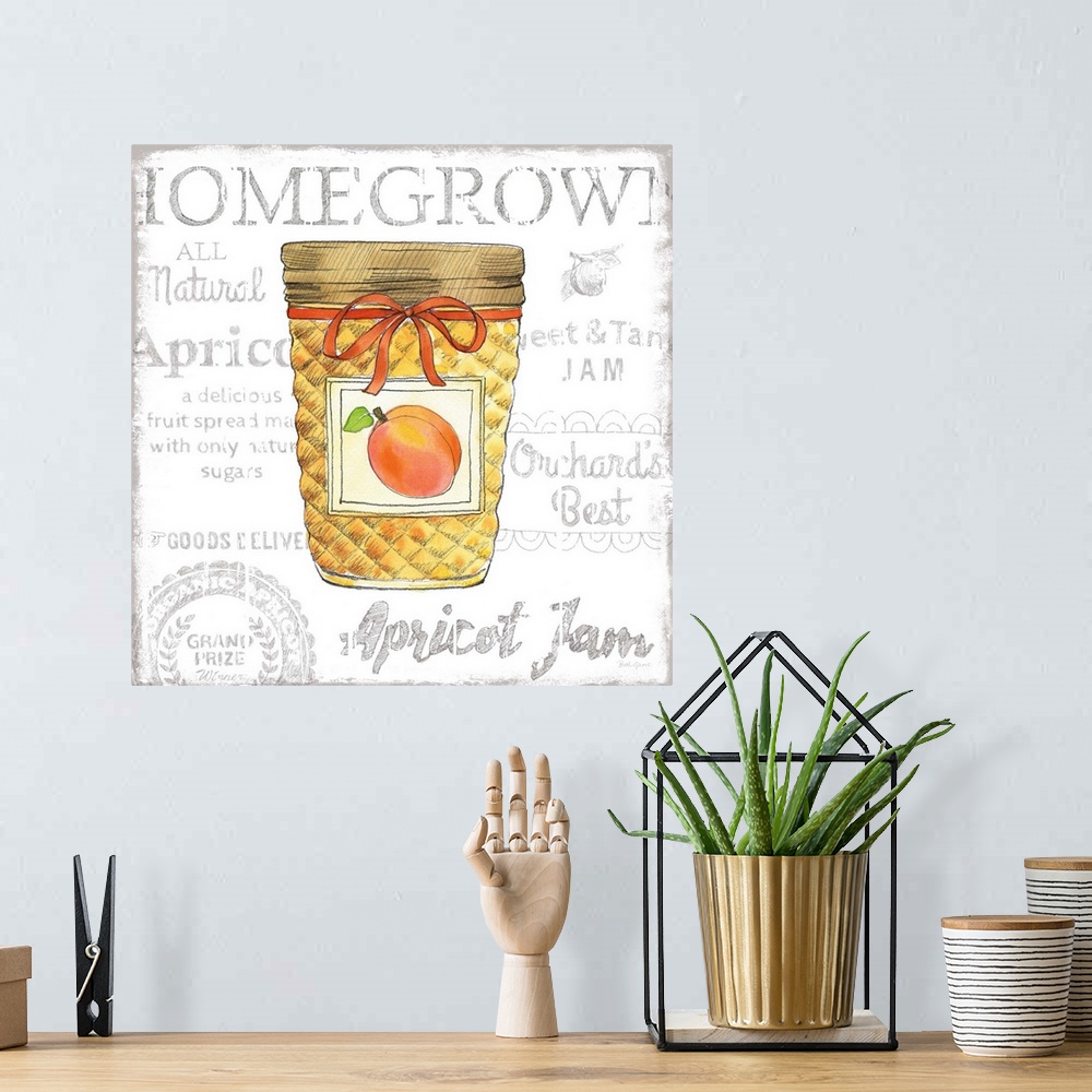 A bohemian room featuring Square kitchen decor with a watercolor illustration of a jar of apricot jam and black typography ...