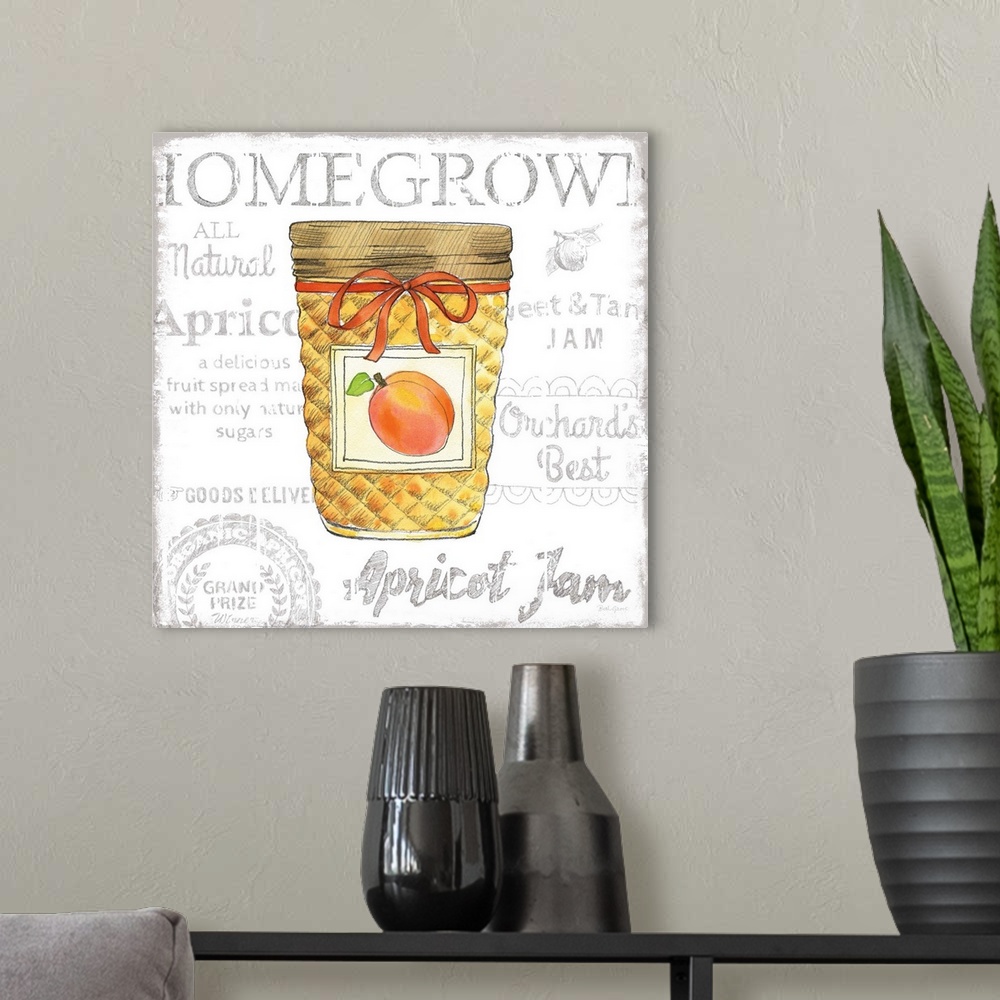 A modern room featuring Square kitchen decor with a watercolor illustration of a jar of apricot jam and black typography ...