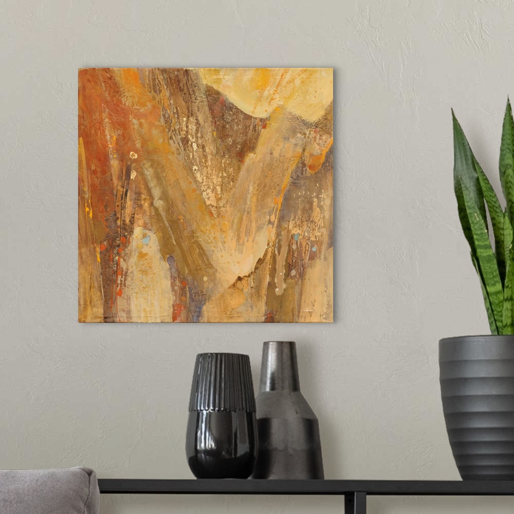 A modern room featuring Square abstract painting with brown, orange, cream, and yellow hues resembling a canyon with smal...