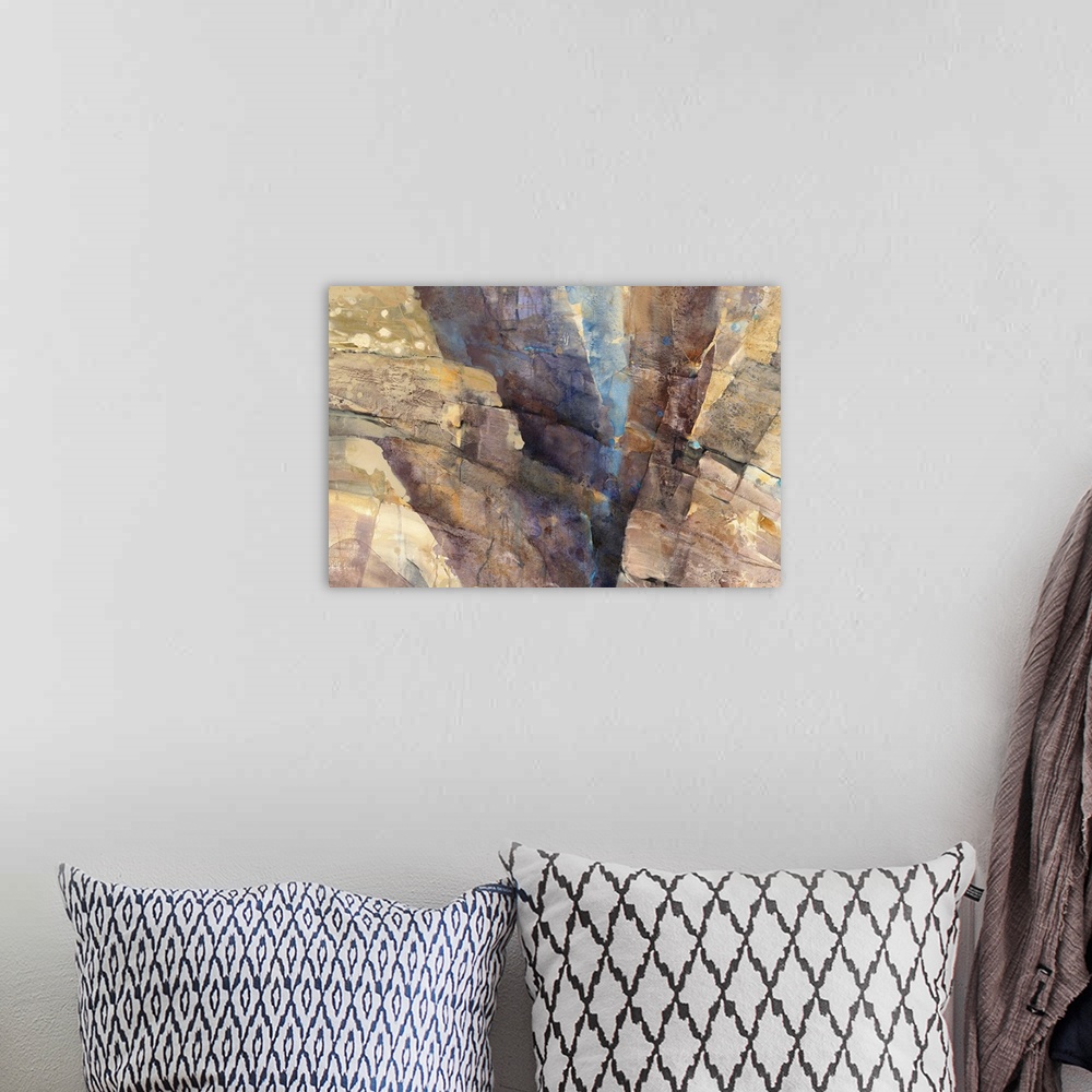 A bohemian room featuring Large abstract painting with brown, gray, cream, and blue hues resembling a rocky canyon with sma...