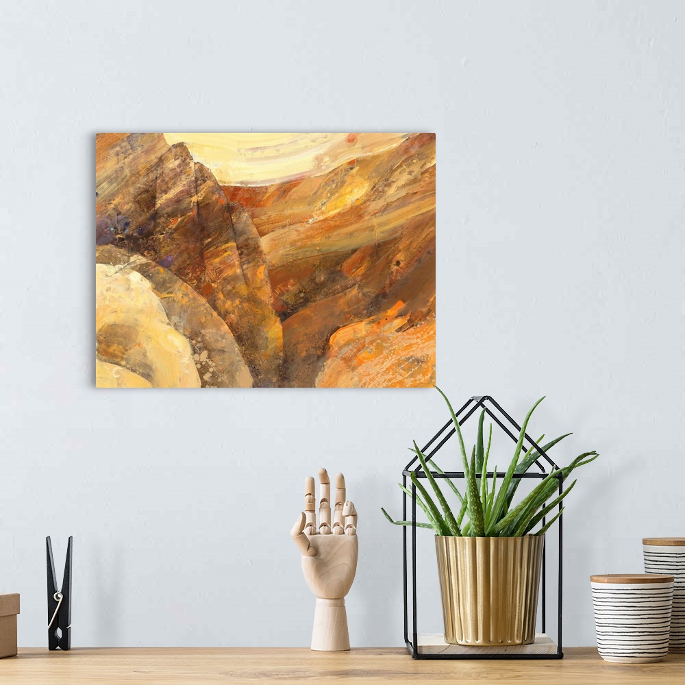 A bohemian room featuring Large abstract painting with brown, orange, cream, and yellow hues resembling a canyon with small...