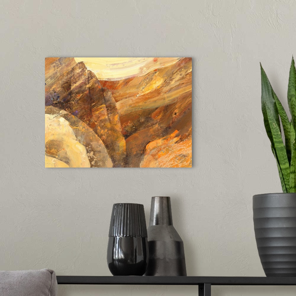 A modern room featuring Large abstract painting with brown, orange, cream, and yellow hues resembling a canyon with small...