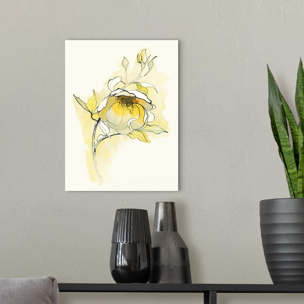 A modern room featuring Vertical yellow floral watercolor painting with black pen and ink outlines
