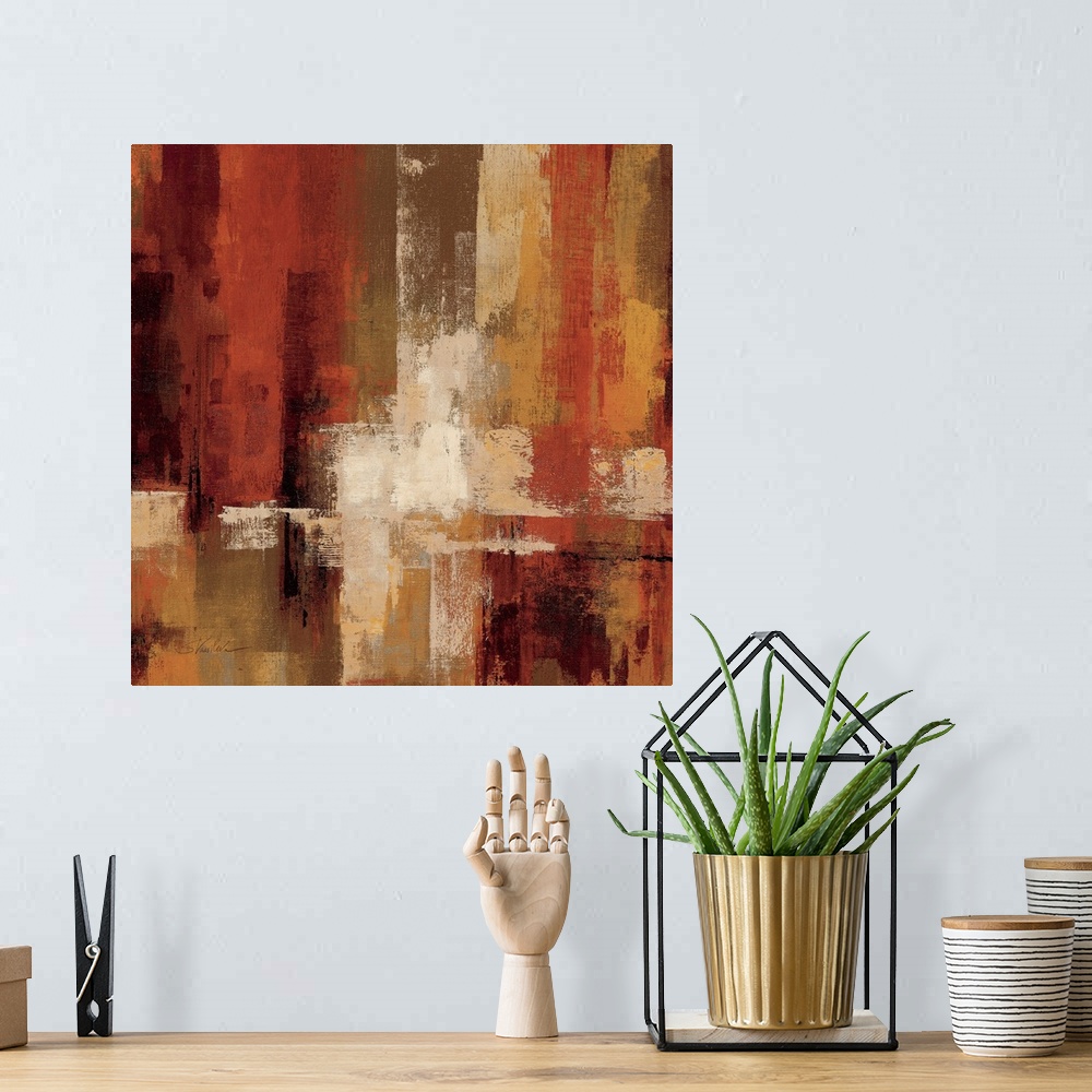 A bohemian room featuring This decorative accent is a square canvas of a contemporary, abstract painting with strong vertic...