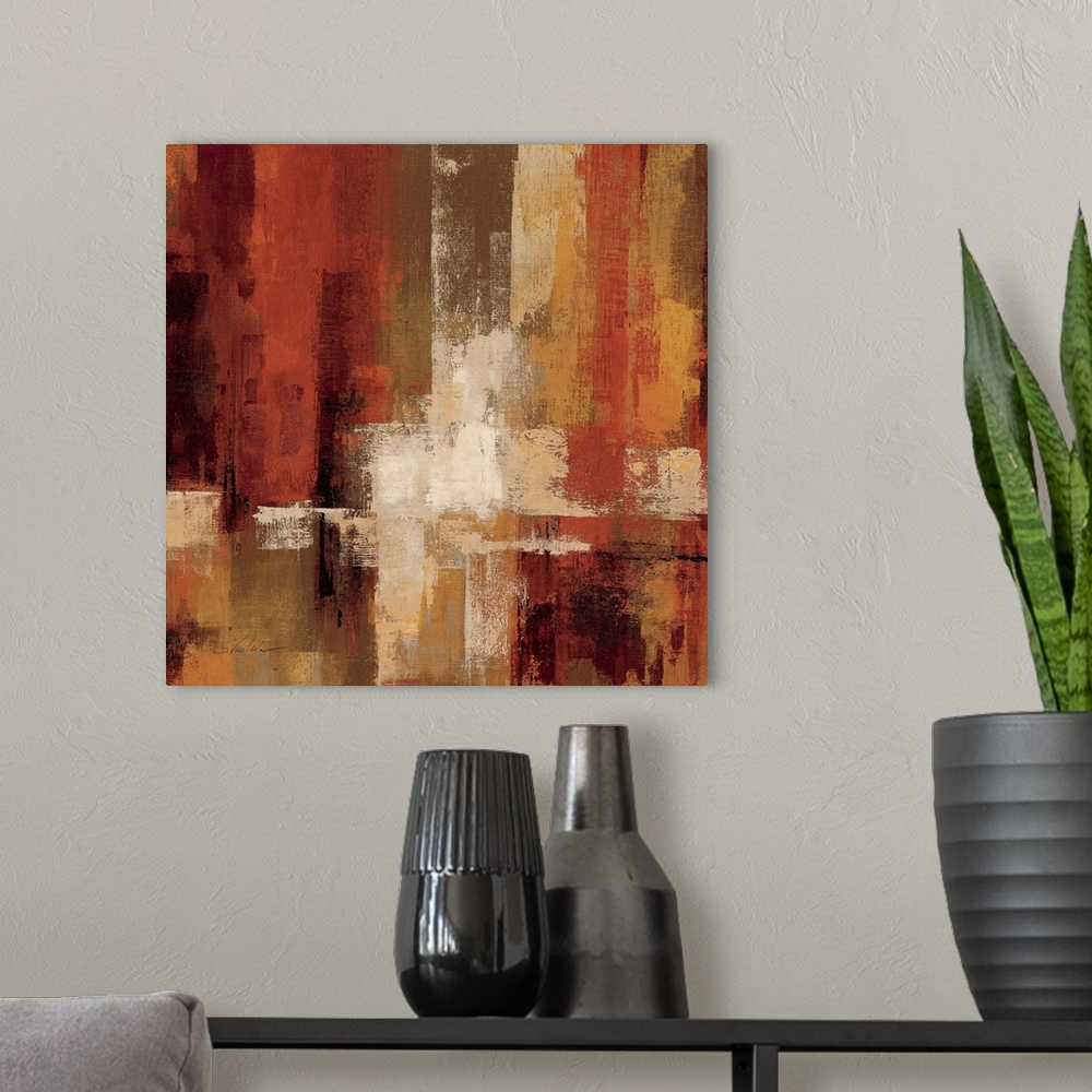 A modern room featuring This decorative accent is a square canvas of a contemporary, abstract painting with strong vertic...