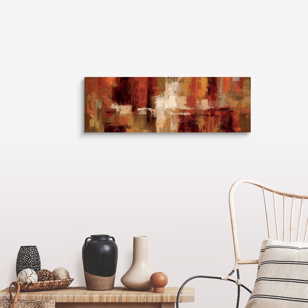 A farmhouse room featuring An abstract piece of art with brush strokes of earthy tones giving the painting depth.