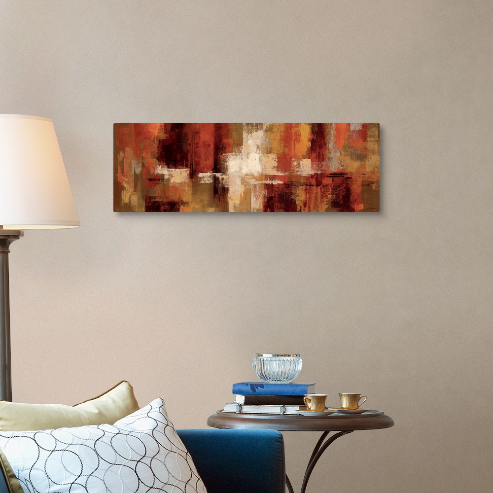 A traditional room featuring An abstract piece of art with brush strokes of earthy tones giving the painting depth.