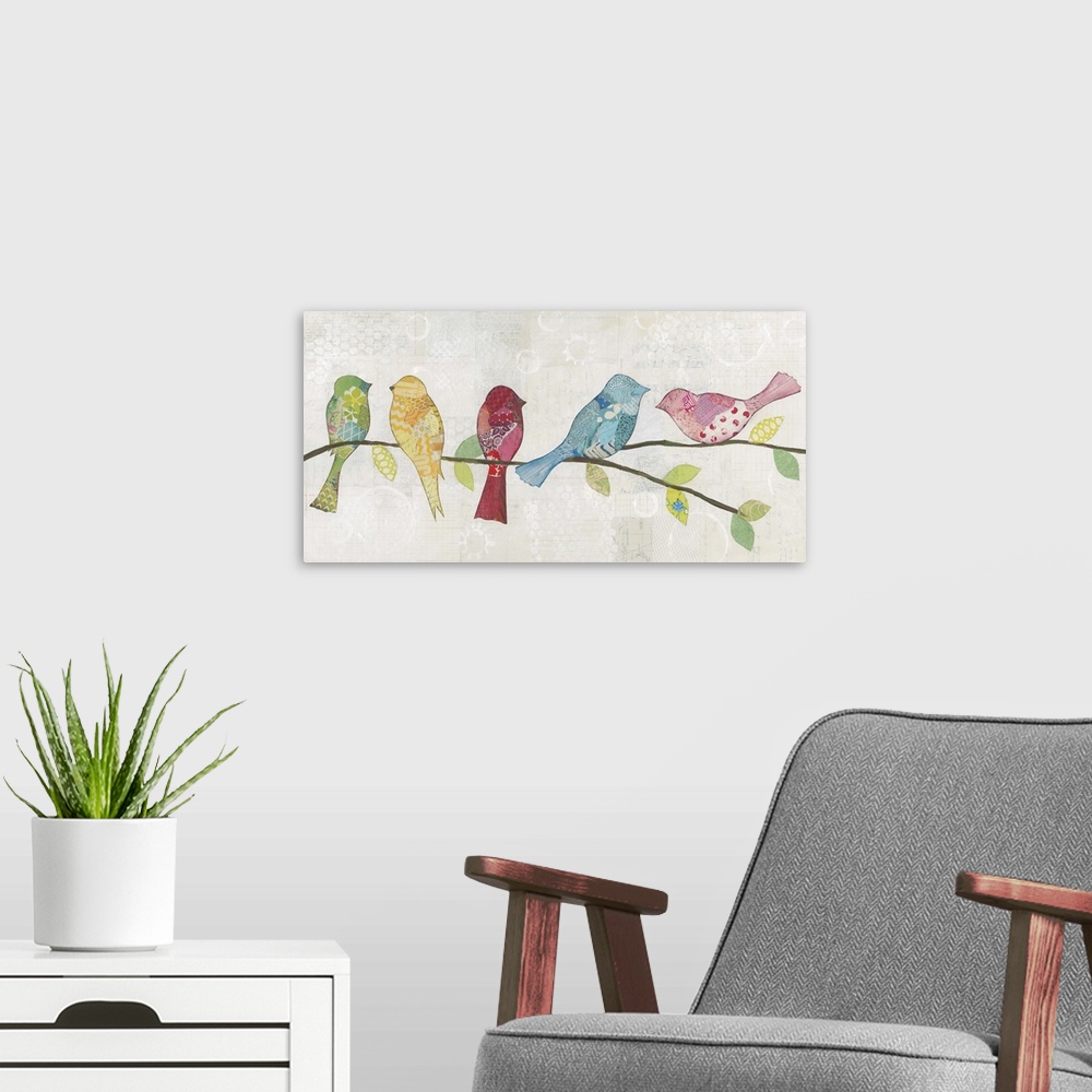 A modern room featuring Colorfully patterned birds perched on a tree branch against a neutral rustic background.