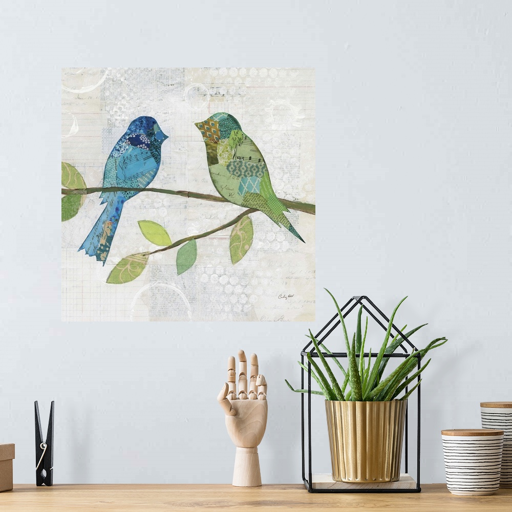 A bohemian room featuring Colorfully patterned birds perched on a tree branch against a neutral rustic background.
