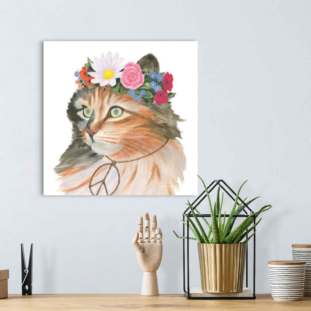 A bohemian room featuring Square painting of a brown, gray, and black cat wearing a flower crown and a peace sign necklace ...