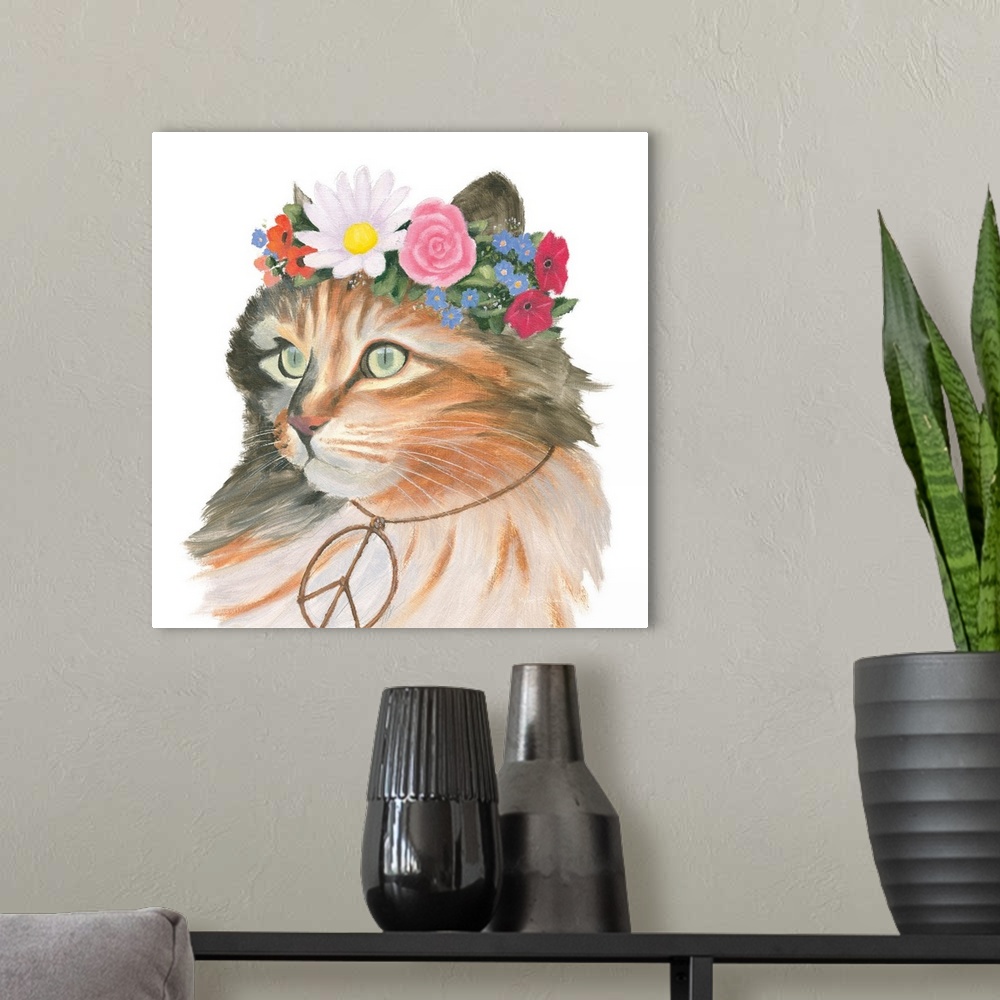 A modern room featuring Square painting of a brown, gray, and black cat wearing a flower crown and a peace sign necklace ...