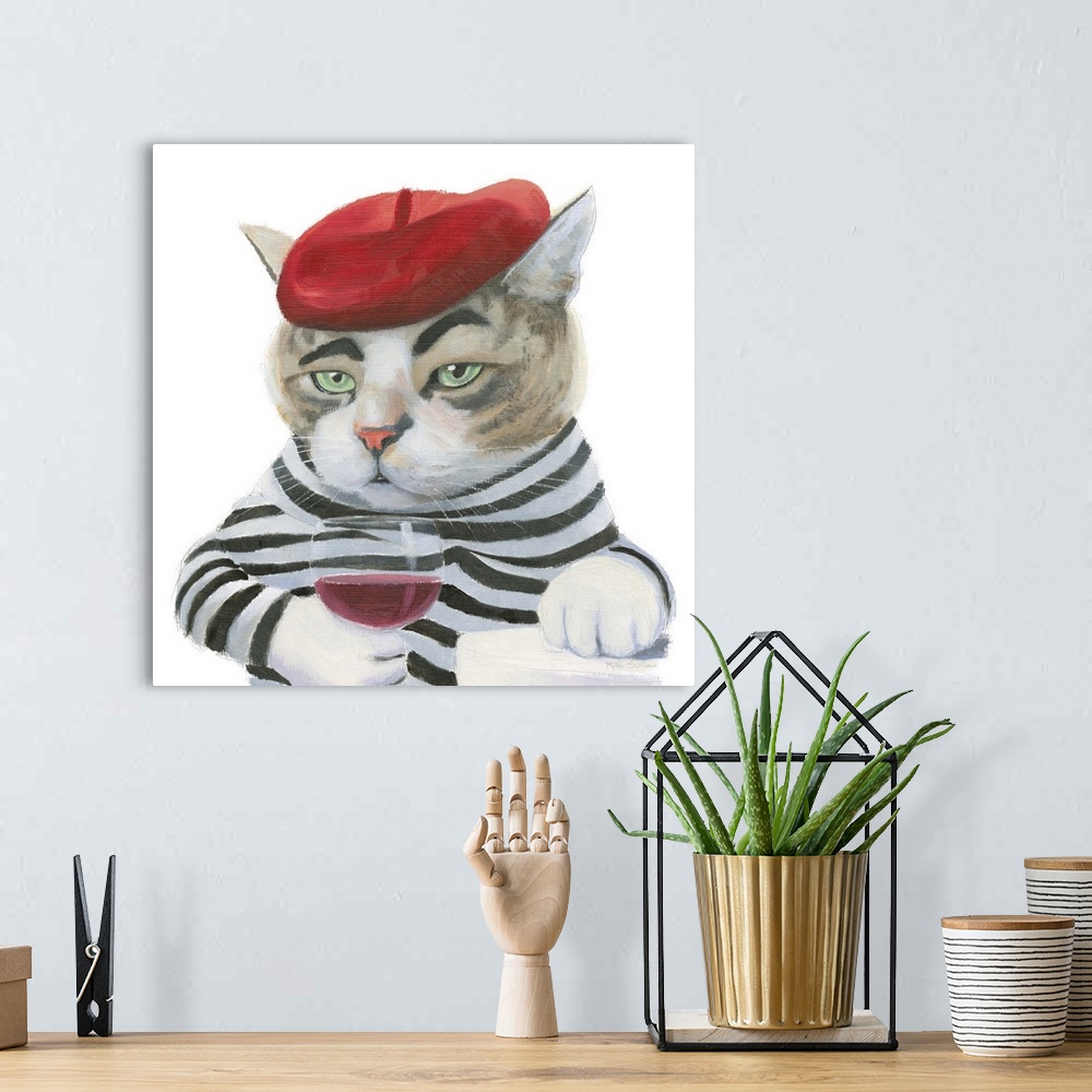 A bohemian room featuring Square painting of a French cat wearing a red beret and a black and white striped shirt, drinking...