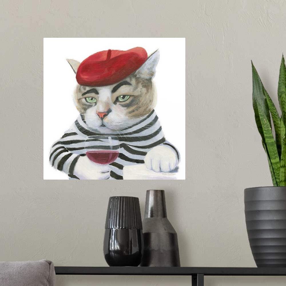 A modern room featuring Square painting of a French cat wearing a red beret and a black and white striped shirt, drinking...