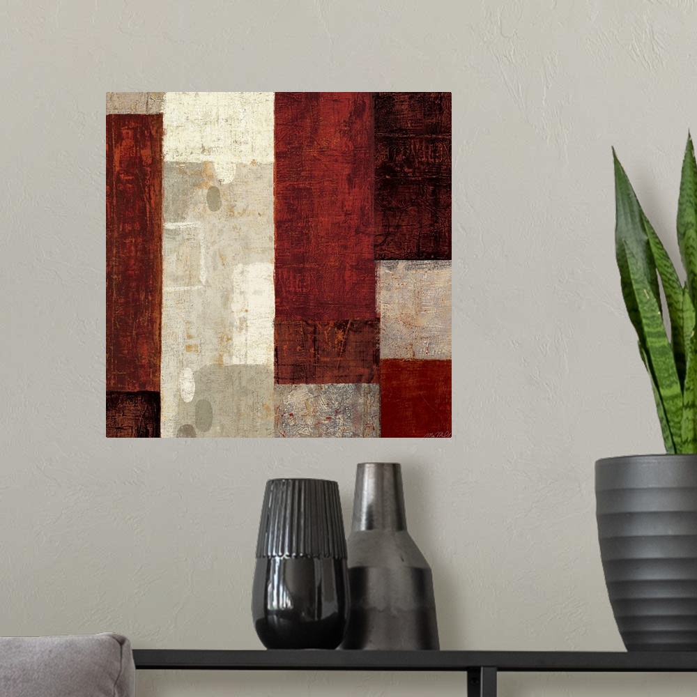 A modern room featuring Contemporary abstract painting of squares and rectangles arranged vertically.  The shapes varying...