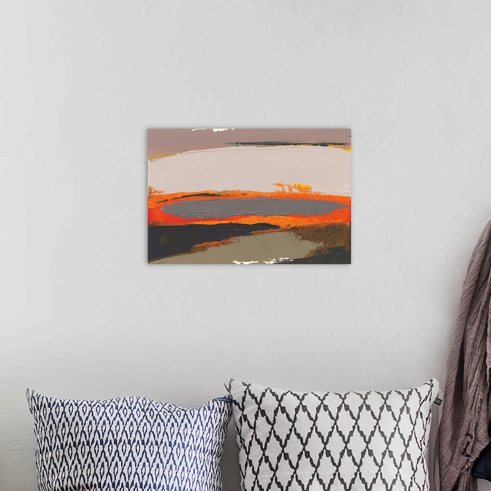 A bohemian room featuring Large abstract painting with thick layered paint in shades of gray, orange, brown, and red.