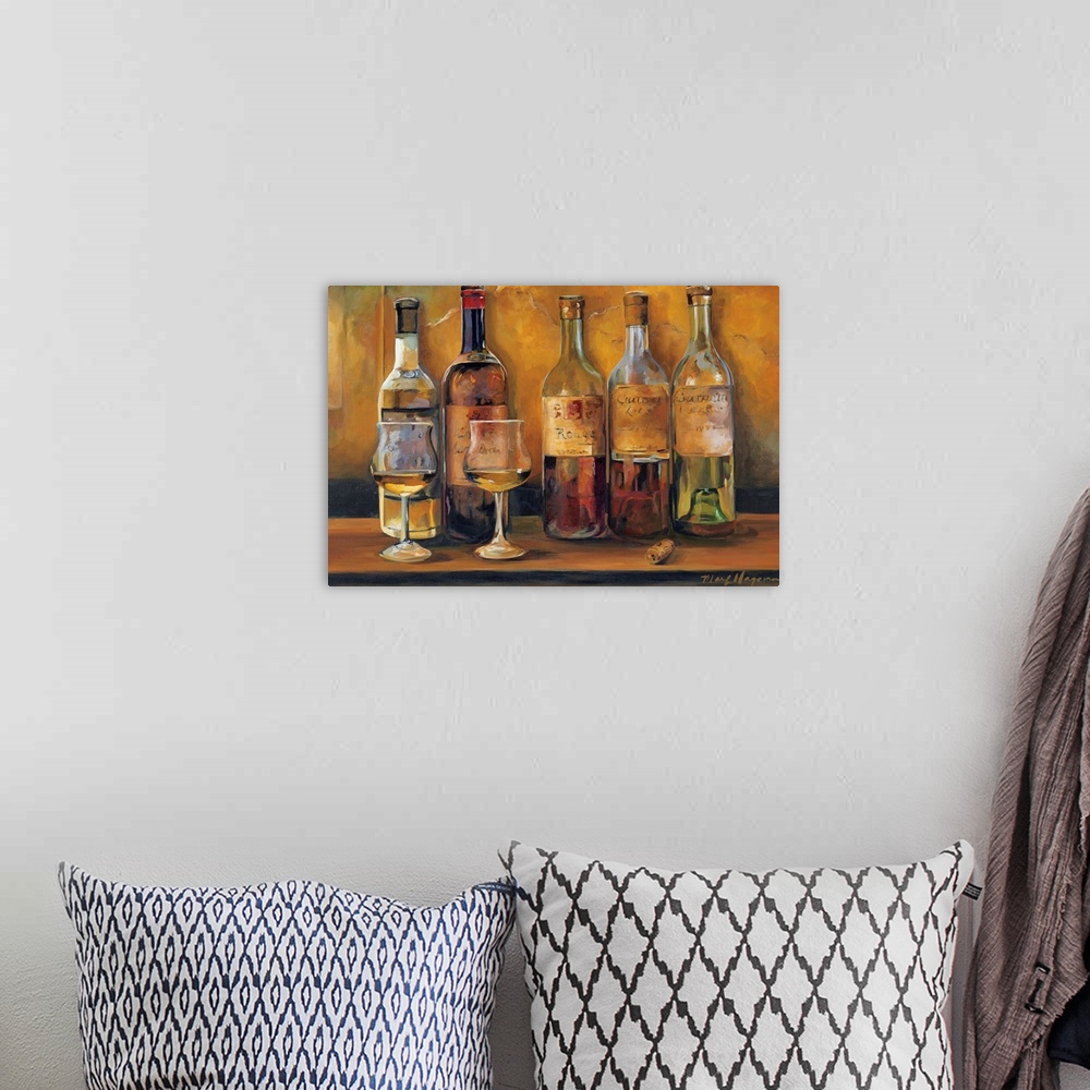 A bohemian room featuring This horizontal still life painting shows five uncorked white wines waiting to be sampled.