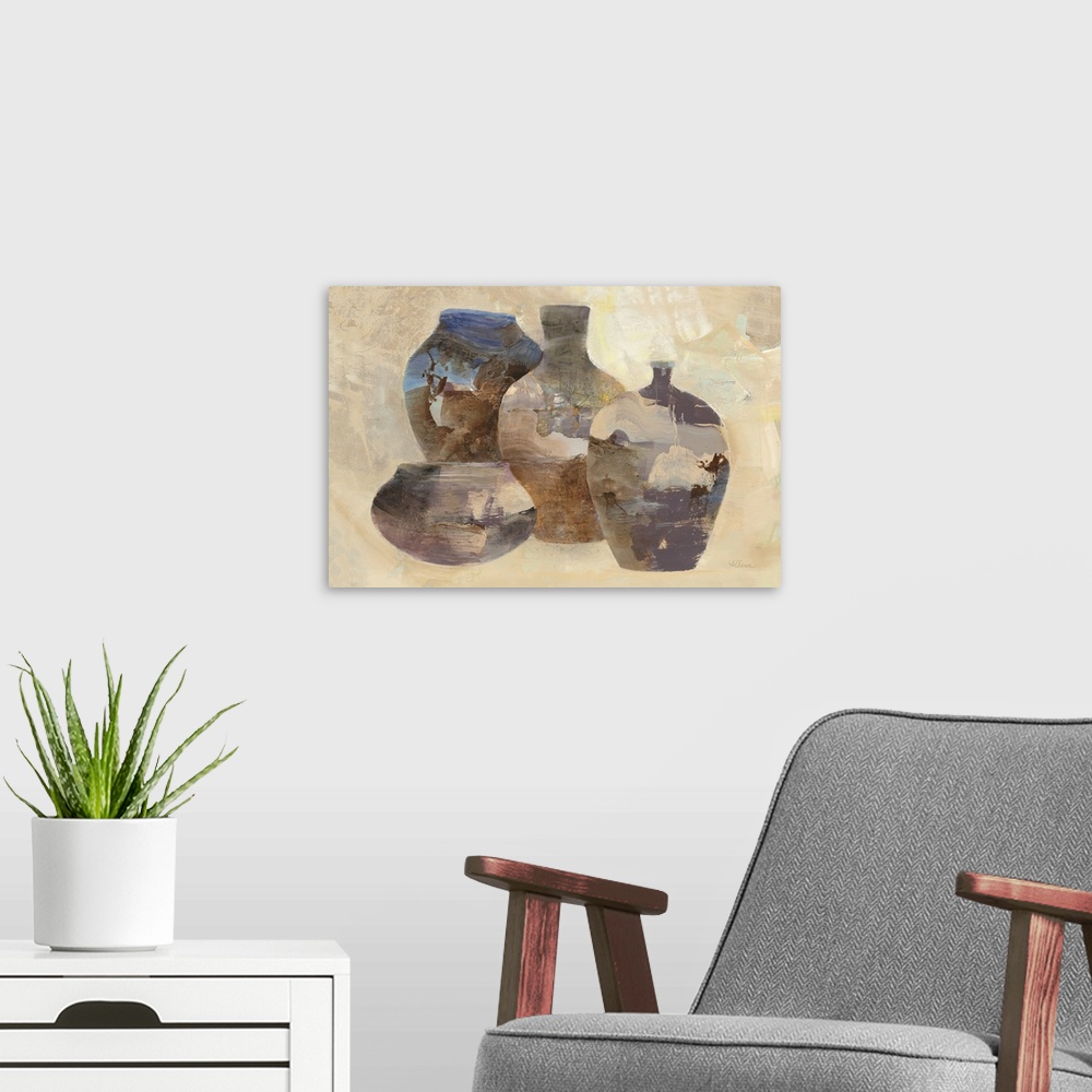 A modern room featuring A contemporary painting of a group of pottery jugs in swirls earth tone colors.
