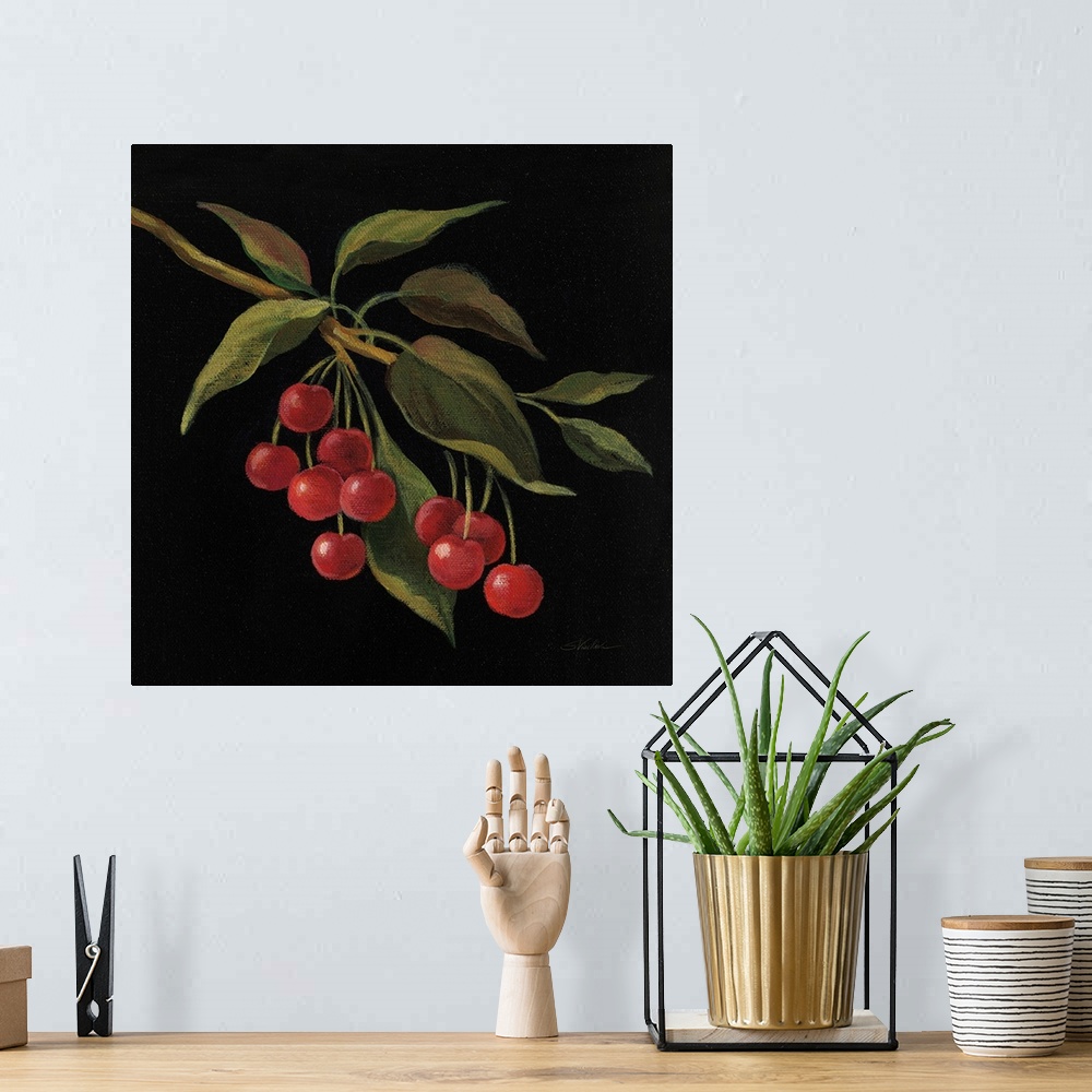 A bohemian room featuring Square painting of cherries on the vine with a solid black background.