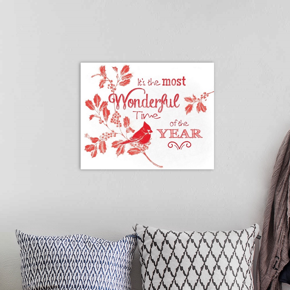 A bohemian room featuring "It's The Most Wonderful Time Of The Year" in red with a bird and seasonal flowers on a white bac...