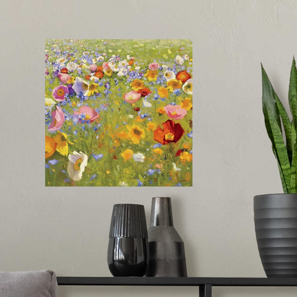 A modern room featuring Contemporary painting of colorful flowers.