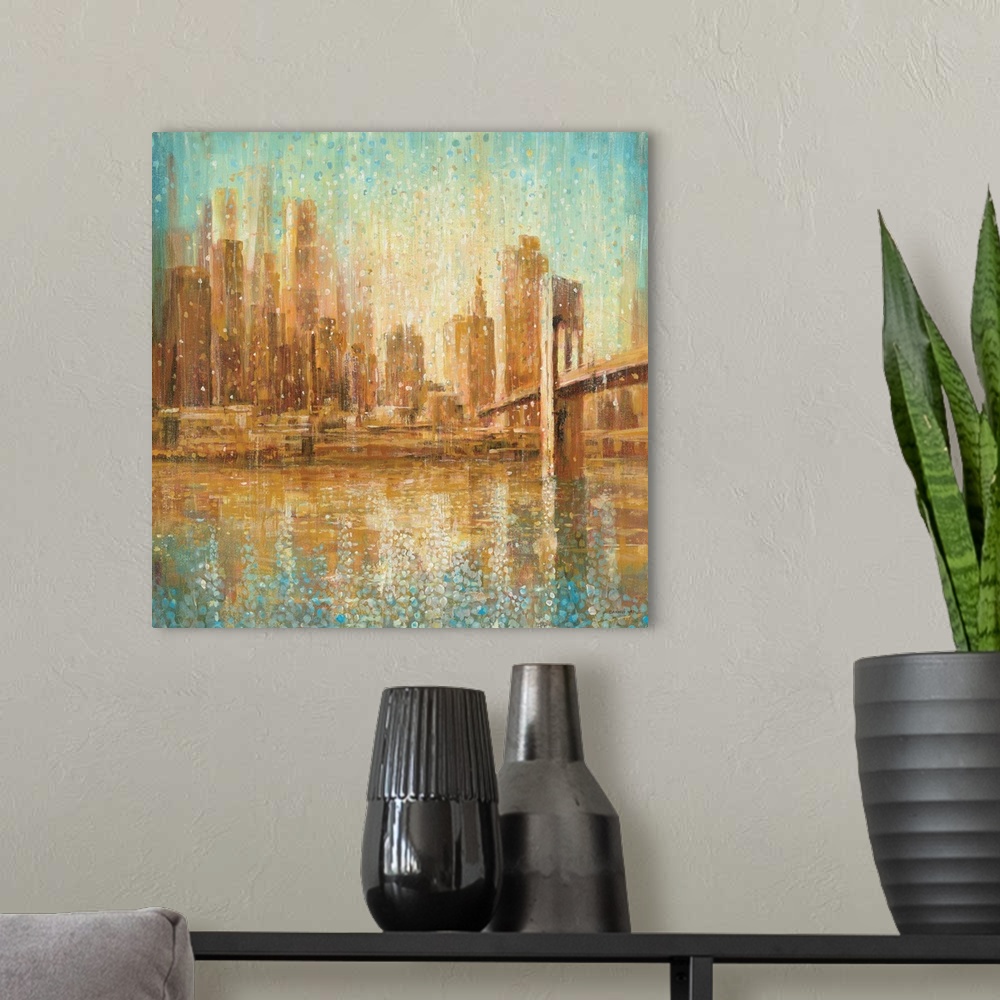 A modern room featuring A contemporary painting of a city skyline from across a river.