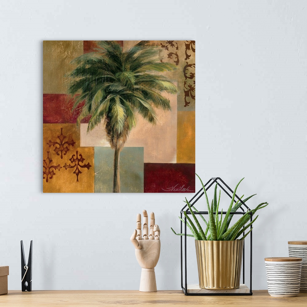 A bohemian room featuring A palm tree is painted against blocks of colors and designs.