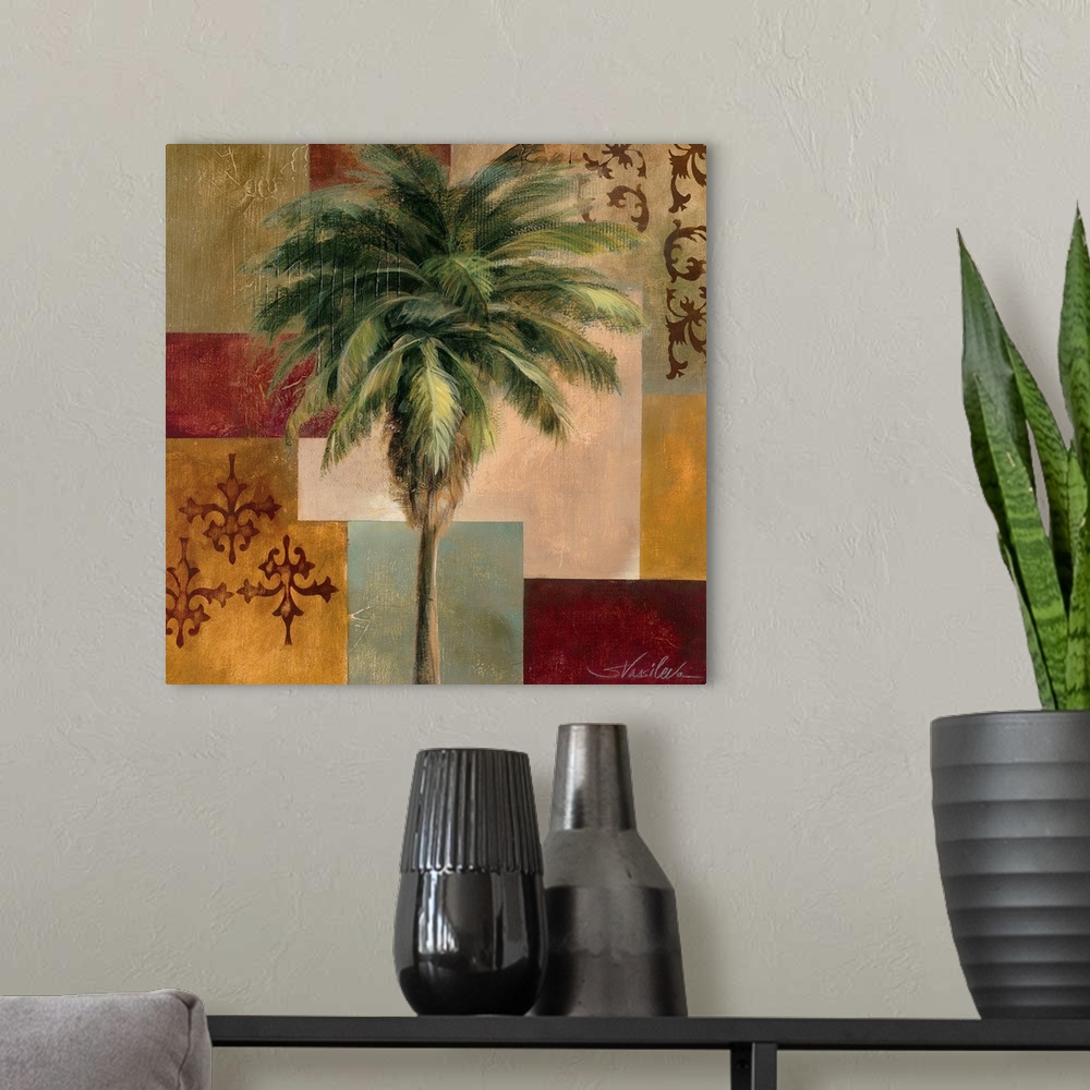 A modern room featuring A palm tree is painted against blocks of colors and designs.