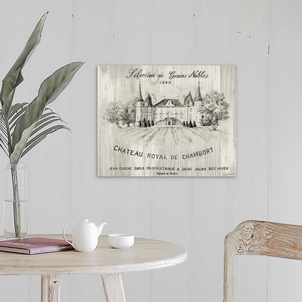 A farmhouse room featuring Gray and white sketch of the Chateau Royal De Chamborat vineyard on wood panels.