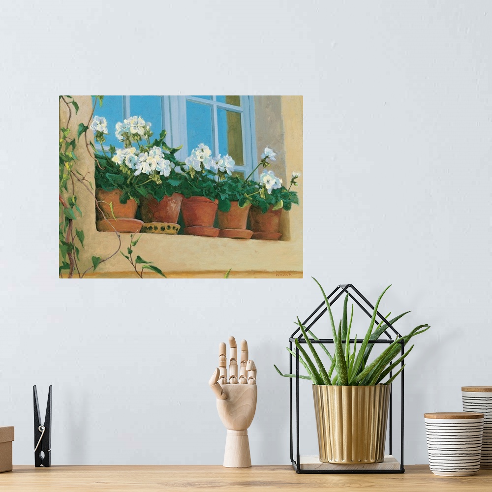 A bohemian room featuring Contemporary painting of potted flowers sitting on a window sill.