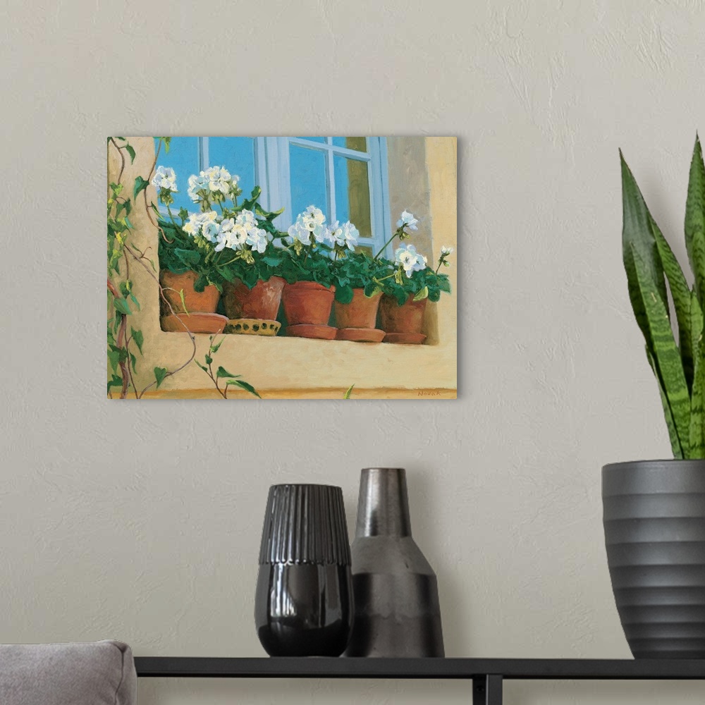 A modern room featuring Contemporary painting of potted flowers sitting on a window sill.