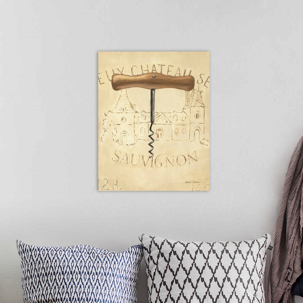 A bohemian room featuring Contemporary artwork of an old fashioned traditional corkscrew against a beige background.