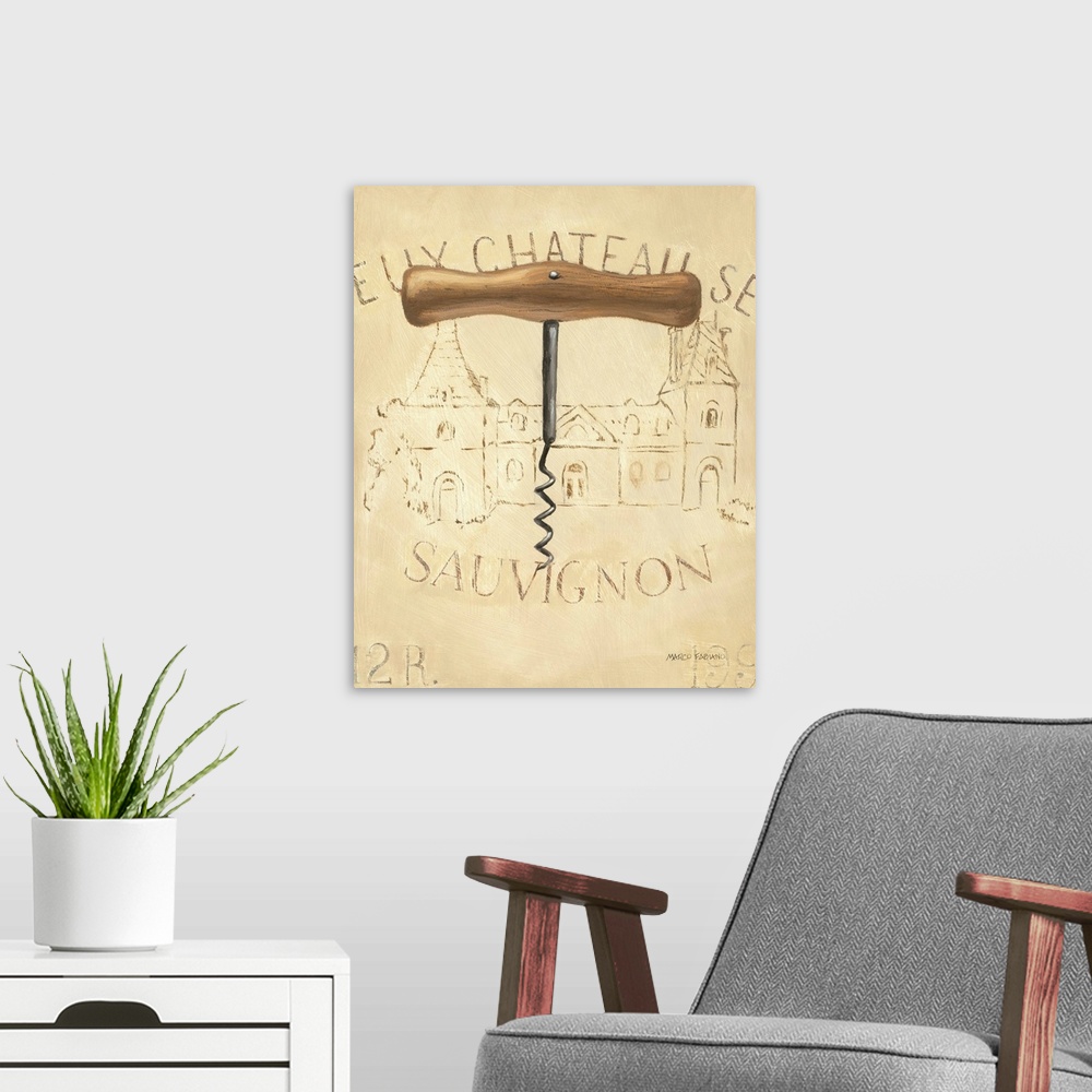 A modern room featuring Contemporary artwork of an old fashioned traditional corkscrew against a beige background.