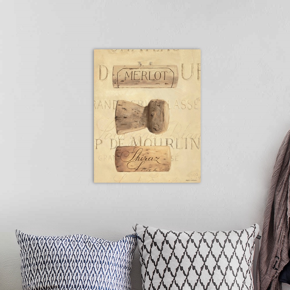 A bohemian room featuring Contemporary painting of two wine bottle corks and a champagne bottle cork.