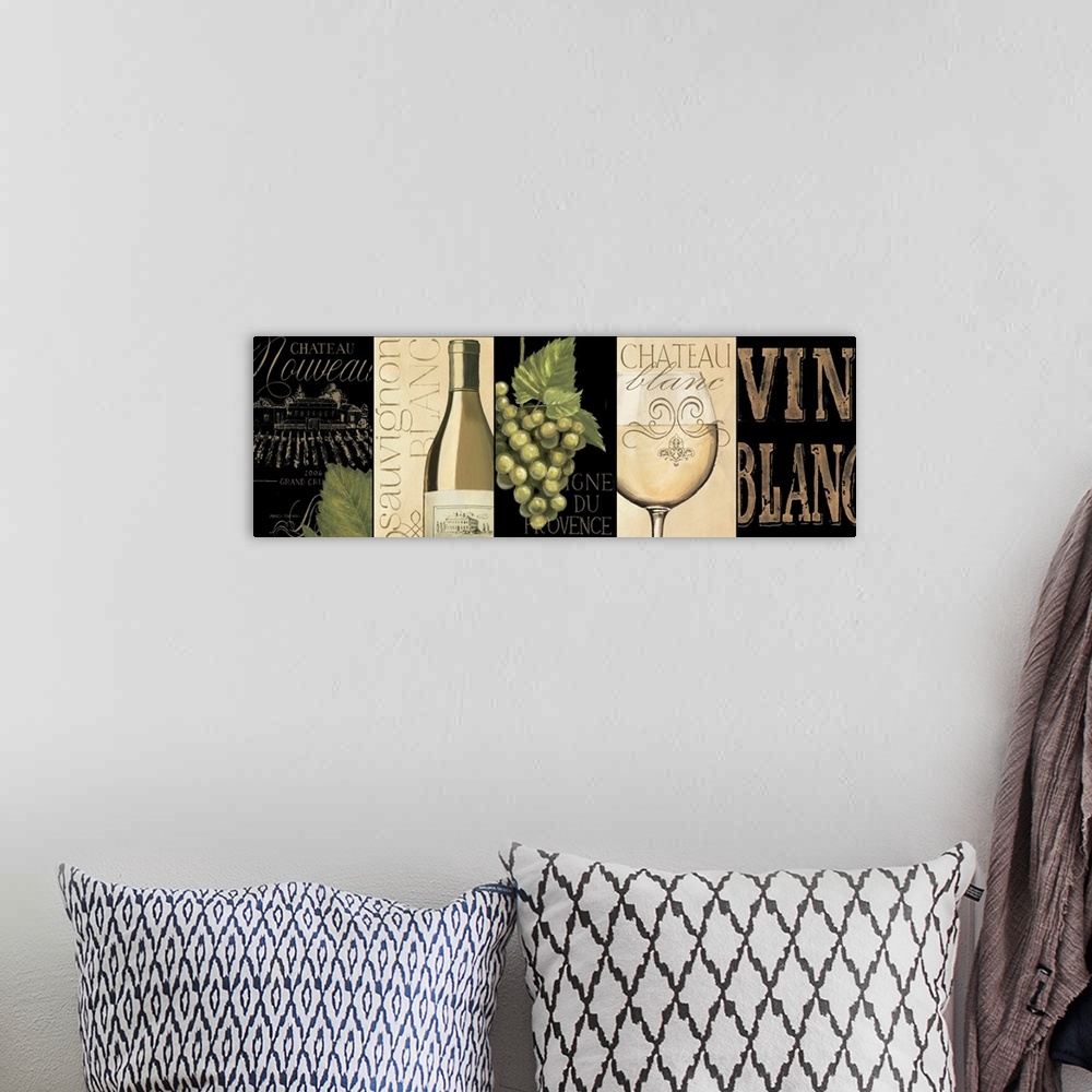 A bohemian room featuring Giant, horizontal home art docor of five, pieced together, wine related images in similar color p...