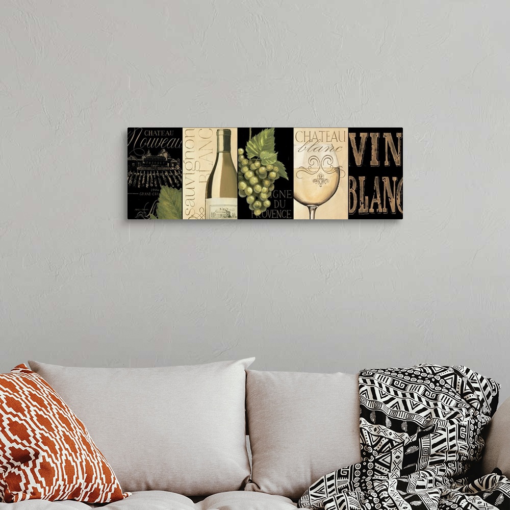 A bohemian room featuring Giant, horizontal home art docor of five, pieced together, wine related images in similar color p...