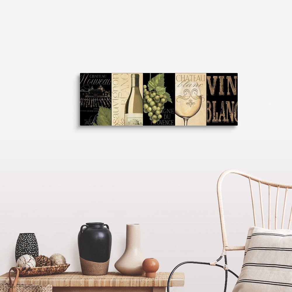 A farmhouse room featuring Giant, horizontal home art docor of five, pieced together, wine related images in similar color p...