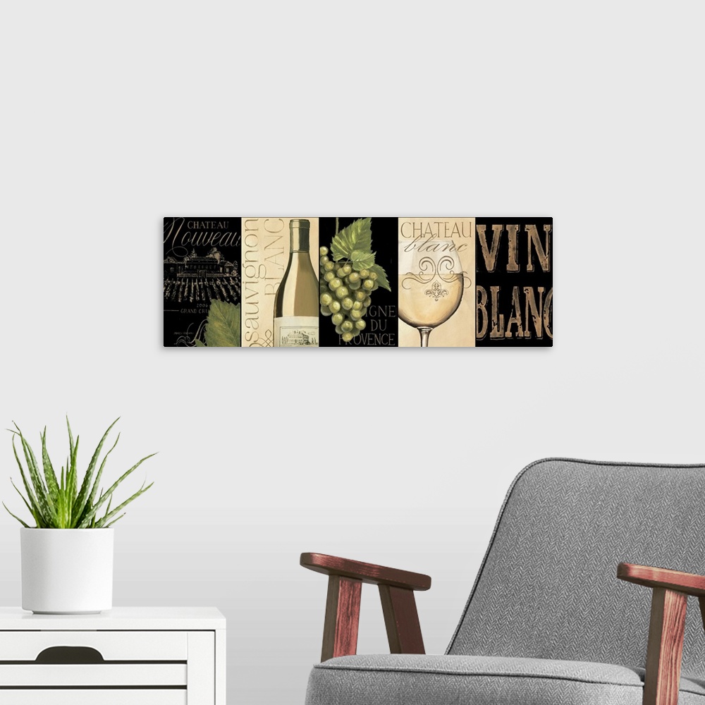 A modern room featuring Giant, horizontal home art docor of five, pieced together, wine related images in similar color p...