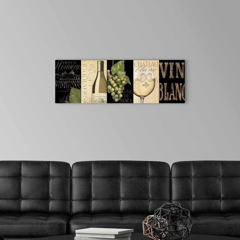 A modern room featuring Giant, horizontal home art docor of five, pieced together, wine related images in similar color p...